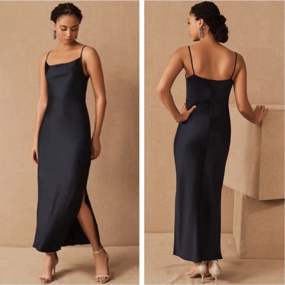BHLDN Anthropologie Cali Satin Cowl Neck Midi Slip Dress NEW Size 12 Navy - Picture 1 of 12